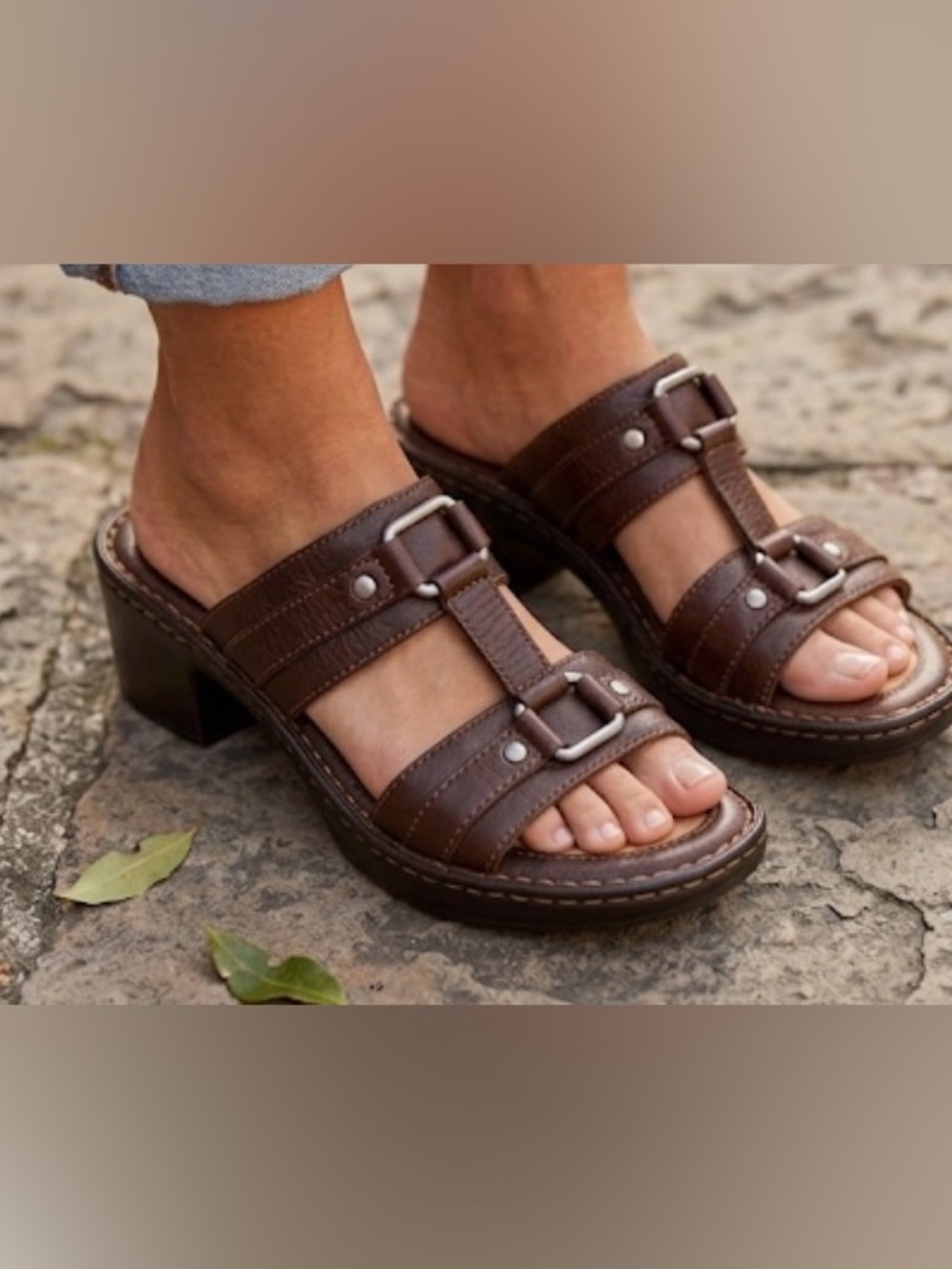 Born Handcrafted Brown leather wedge sandal size 8 with square silver accent